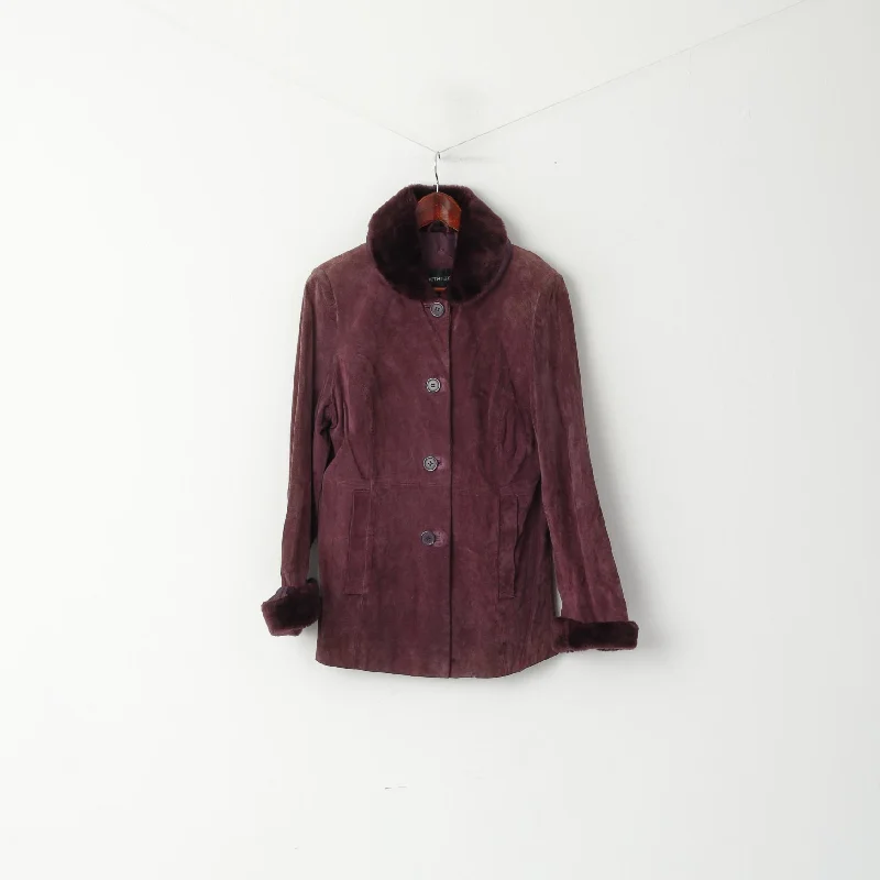 Exclusive Deal wool coatBETH TERRELL Women M Jacket Purple Leather Suede Faux Fur Trim Single Breasted Top