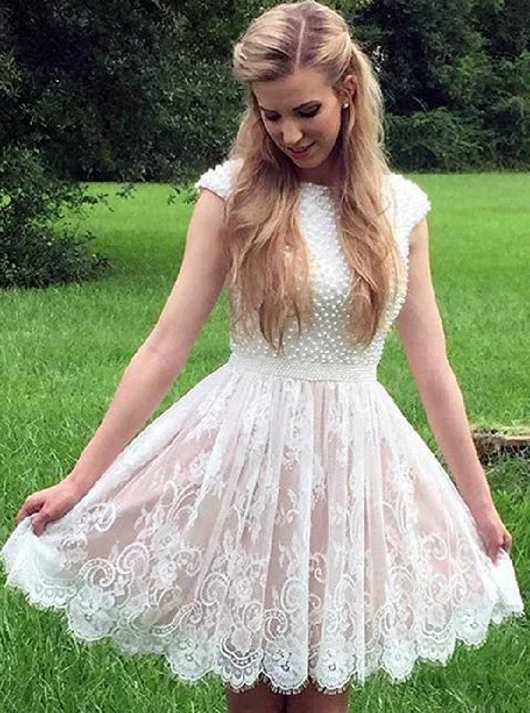 knit dressCap Sleeves Ivory Bateau Lace Short Prom Dress With Pearls Party Dress OC106