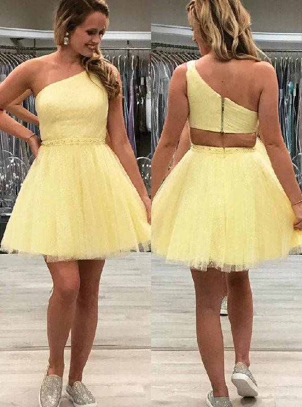 casual summer dressTulle One Shoulder Sparkly Homecoming Dress, Chic Graduation Dress OM459