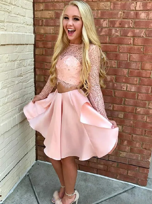 knit dressTwo Pieces Pink Short Prom Dress Lace Bodice Long Sleeve Homecoming Dress OM242