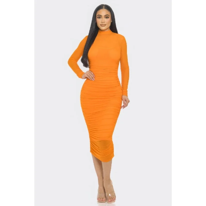 modern dressSolid Mesh Ruched Midi Dress