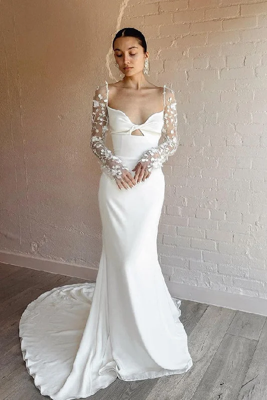 summer dressUnique Mermaid Sweetheart Long Lace Sleeves Wedding Dresses N072