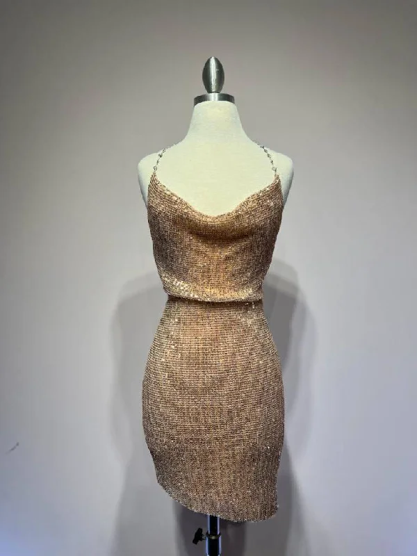 Price Cut elegant evening dressEmbroidered Sequin Cowl Neck Halter Open Back Short Cocktail Dress CDB2316