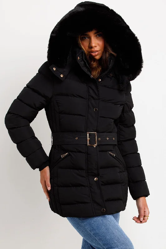 Price Reduction classic jacketBlack Puffer Coat With Faux Fur Hood And Belt