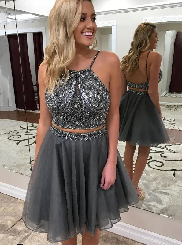 casual slip dressGrey Two Pieces Short Prom Dress Beads Chiffon Homecoming Dress OM315