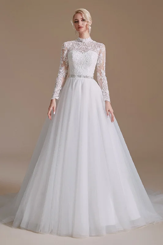 knit dressA-Line Lace Appliques Long Sleeve Tulle Chapel Train Wedding Dress