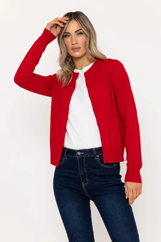 Lowest Price Fine Gauge Crew Neck Cardigan in Red