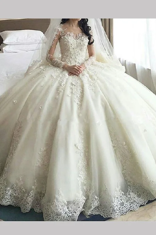 evening dressGorgeous ivory Lace Appliques Long Sleeves Ball Gown Wedding Dresses