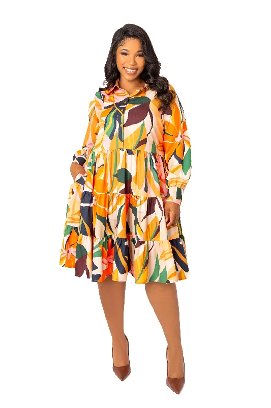 Bargain Prices fitted cocktail dressFloral Long Sleeve Tiered Shirt Dress