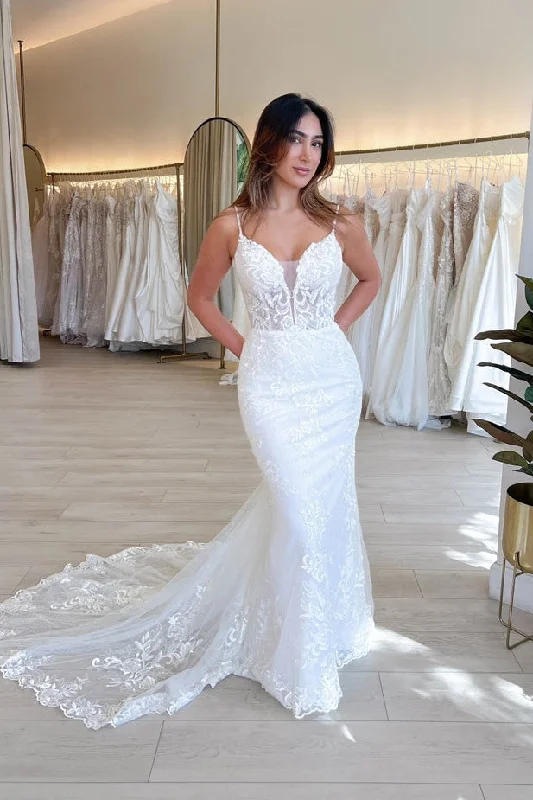 casual day dressCharming Mermaid V Neck Lace Wedding Dresses N025