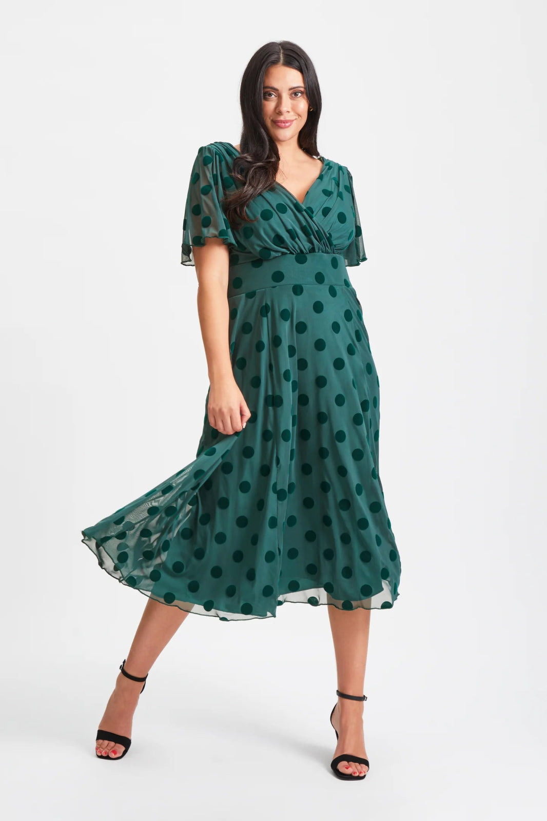 Limited Availability flowy maxi dressScarlett & Jo | Victoria Angel Sleeve Polka Dot Mesh Midi Dress in Dark Green Limited Availability flowy maxi dressScarlett & Jo | Victoria Angel Sleeve Polka Dot Mesh Midi Dress in Dark Green