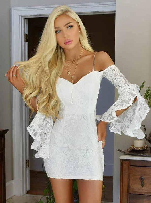 sleeveless dressOff-Shoulder White Bodycon Lace Tight Party Dress with Bell Sleeves OM262