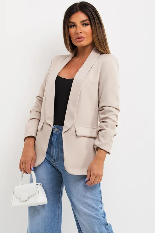 Deal Mania trendy bomber coatBeige Ruched Sleeve Blazer Jacket