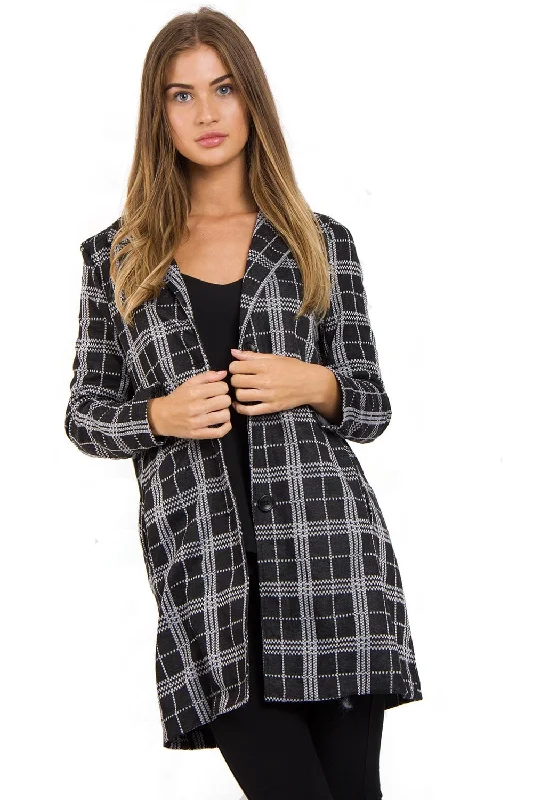 Deal Mania cozy wool-blend coatBlack Tartan Check Print Duster Jacket