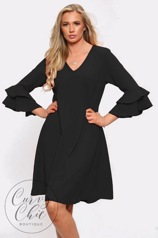 Discount Extravaganza casual evening dressV-neck Plus Size Fluted Sleeve Midi Dress in Black Discount Extravaganza casual evening dressV-neck Plus Size Fluted Sleeve Midi Dress in Black