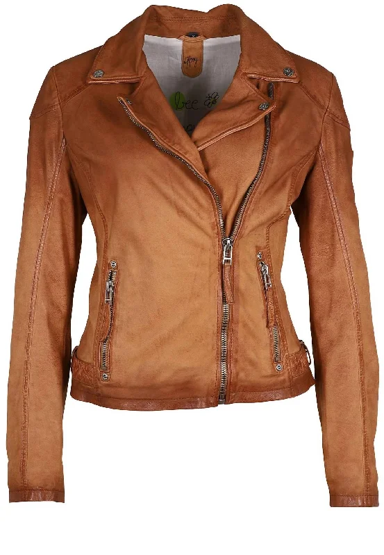 Women's Nubuck Leather Biker Jacket In Cognac