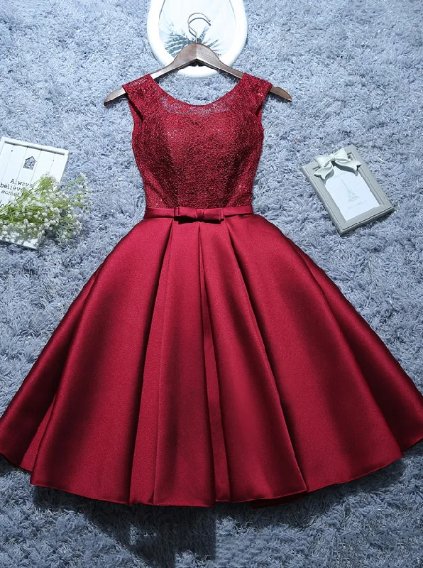 floral dressBurgundy Short Evening Dress Satin Lace A-line Short Homecoming Dress OM542