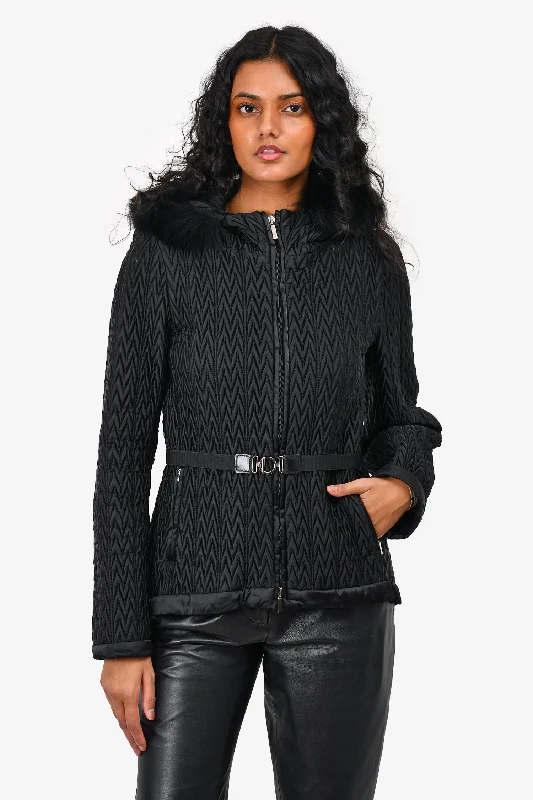 Epic Deals sleek jacket'S Max Mara Black Quilted Fur Hooded Zip Up Jacket Size 8 US with Belt