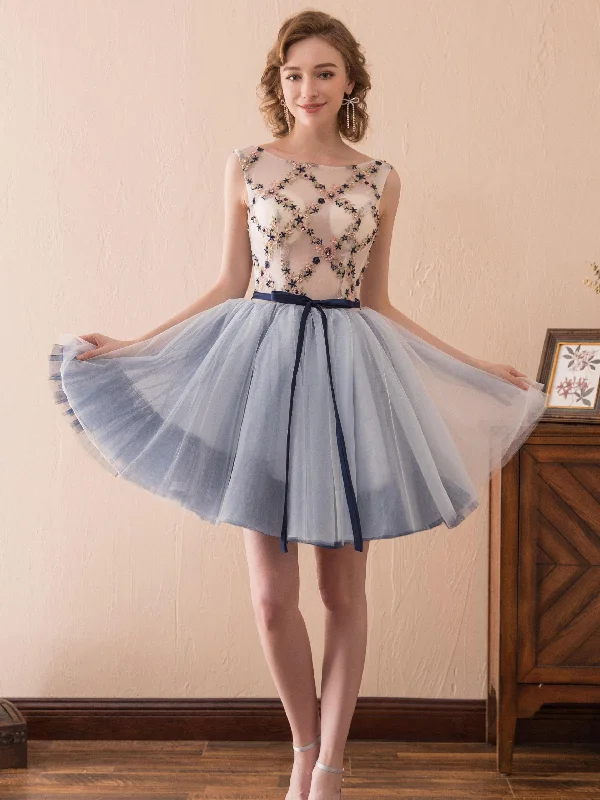 stylish dressBateau Sleeveless Tulle Short Homecoming Dress Graduation DressWith Beading AS14619