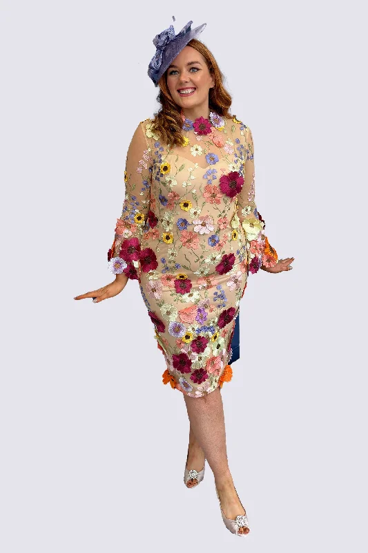 Amazing Deals trendy dressLight Gold 3D Floral Midi Dress