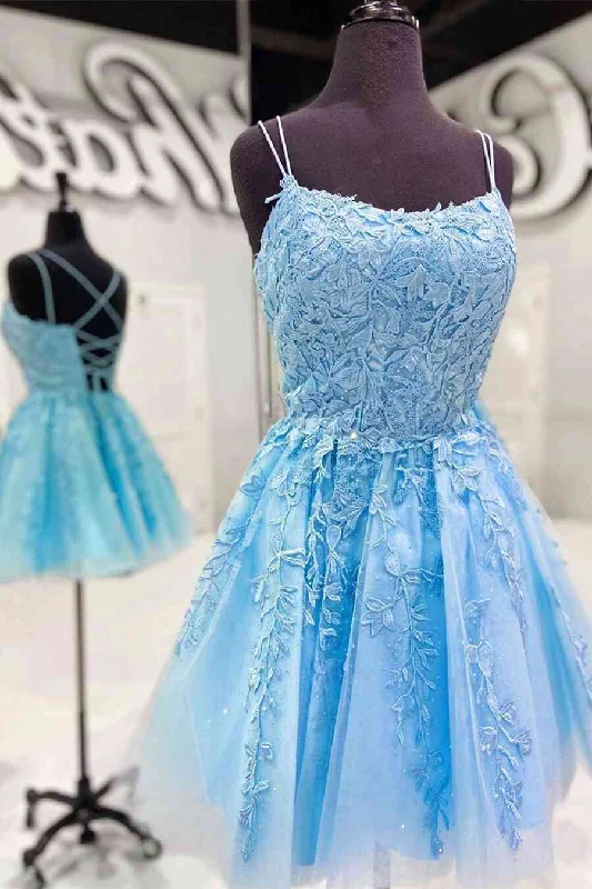 floral wrap dressSimple Blue A-line Spaghetti Straps Short Prom Dresses, Homecoming Dresses