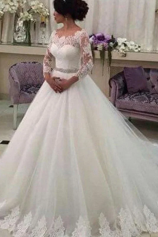 layered dressLong Sleeves Ball Gowns Lace Vestido de Noiva CustomizedTulle Wedding Dresses With Beaded Sash