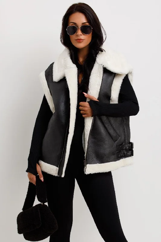 Price Reduction winter coatFaux Shearling Aviator Gilet In Faux Leather Black