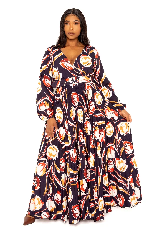 Limited Stock vintage dressFloral Pleated Maxi Dress with Belt