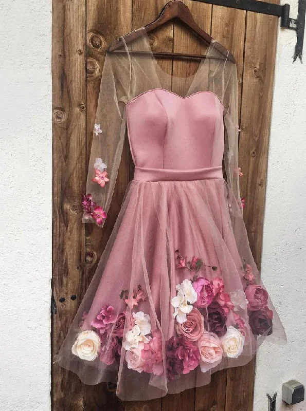 off-shoulder dressCharming Pink V Neck Long Sleeves Short Prom Dress Homecoming Dress With Appliques