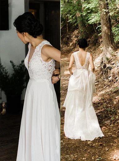 stylish dressA-line Sheer Round Neckline Lace Chiffon Beach Wedding Dress OW581