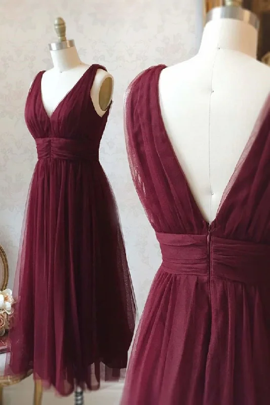 spaghetti strap dressBurgundy V-neck Sleeveless Mid length Tulle Prom Dress Homecoming Dress