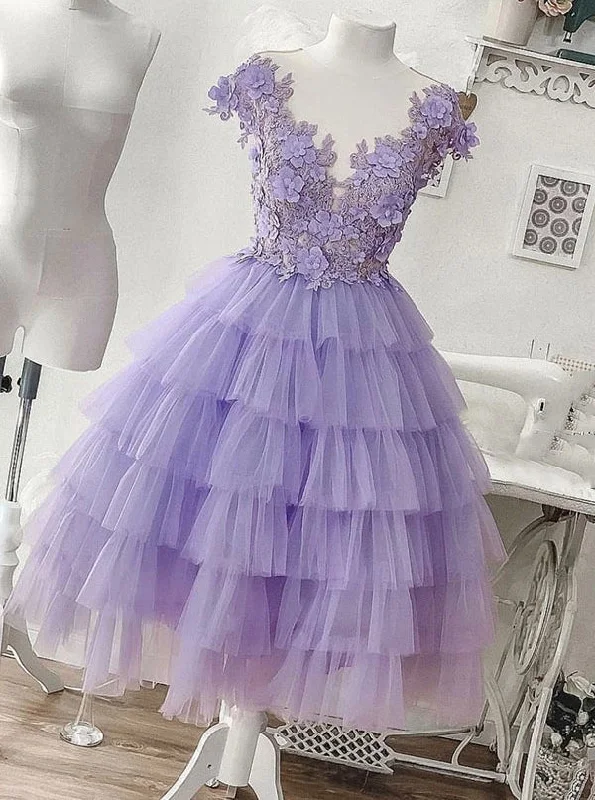 tiered dressTulle Applique Lilac Short Homecoming Dress, Princess Layered Sweet 16 Dress OM403