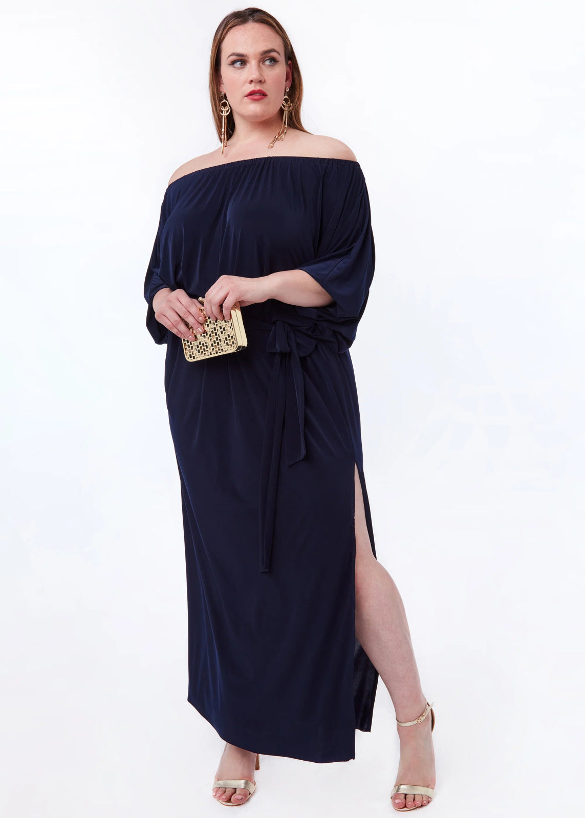 Limited Stock high-waisted dressGoddiva Plus Size Off The Shoulder Multiway Maxi Dress With Slit in Navy Limited Stock high-waisted dressGoddiva Plus Size Off The Shoulder Multiway Maxi Dress With Slit in Navy