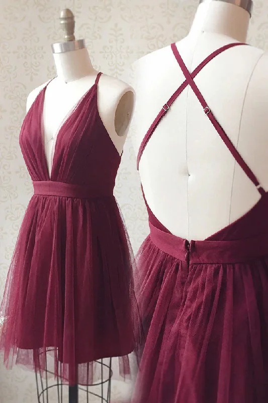 satin midi dressDeep V-neck Spaghetti Straps Burgundy Tulle Homecoming Dresses