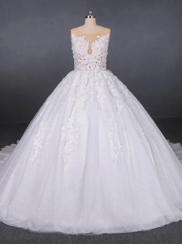 fitted dressRound Appliques Ball Gown Tulle Wedding Dresses With Button Back OW578