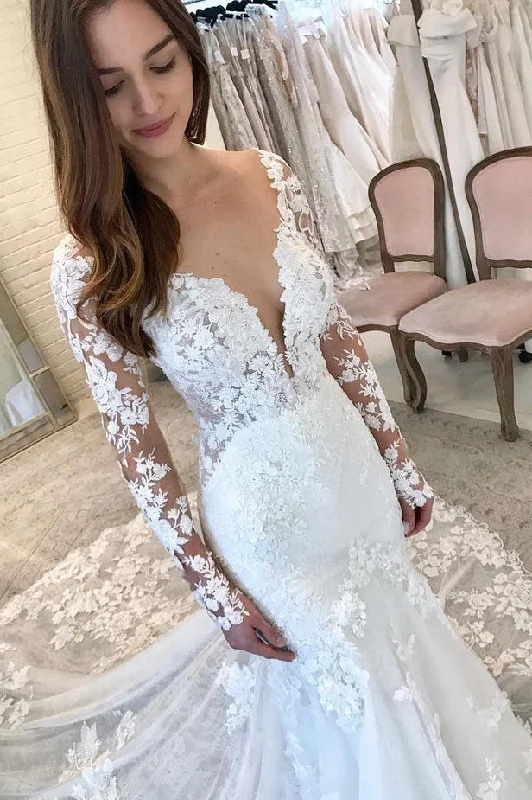 long sleeve dressElegant Mermaid Long Sleeve Lace Wedding Dresses with Appliques N116