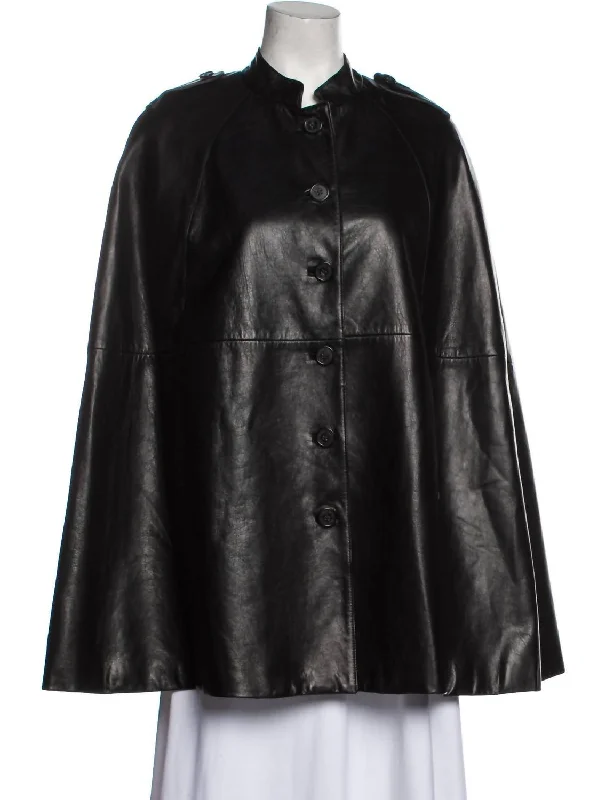 Leather Lamb Button Front Cape In Black