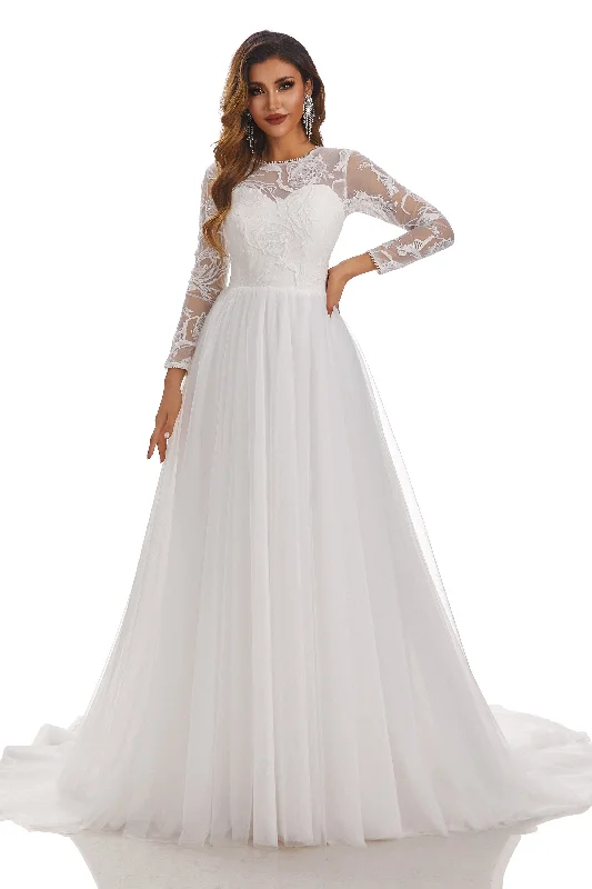 flowy maxi dressA Line Long Sleeve Lace Appliques Tulle Wedding Dresses