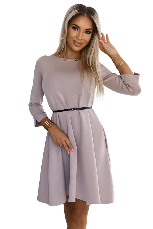 Big Discounts boho-chic dressNumoco 579-1 Classic trapeze dress with black belt - beige Big Discounts boho-chic dressNumoco 579-1 Classic trapeze dress with black belt - beige