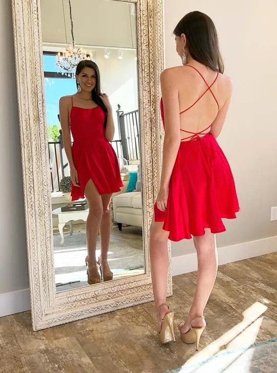 casual slip dressRed Homecoming Dress with Criss-Cross Straps, Backless Short Party Dress OM456