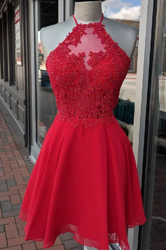 luxury dressRed Short Halter Chiffon Appliques Beading Homecoming Dress