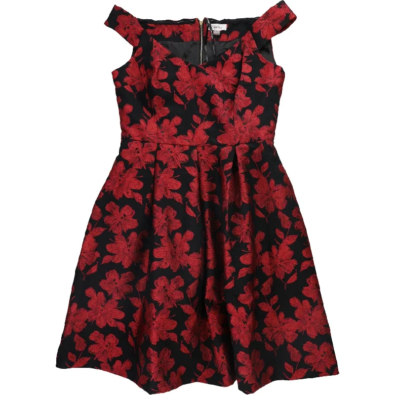 Warehouse Sale party dressCalvin Klein Womens Brocade Floral Fit & Flare Dress, Red, 12 Warehouse Sale party dressCalvin Klein Womens Brocade Floral Fit & Flare Dress, Red, 12