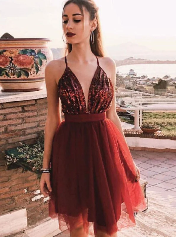 ashionable dressSpaghetti-straps Sequins Homecoming Dress Burgundy Party Dress OM329