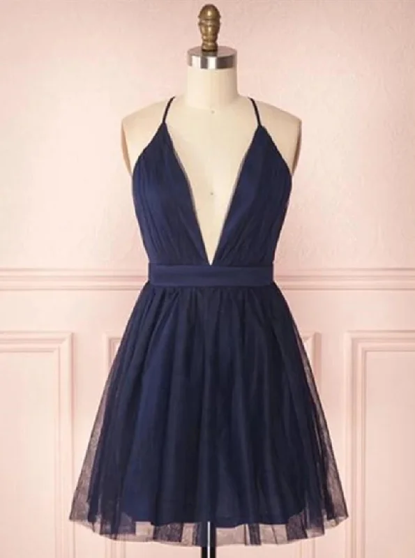 chic dressNavy Blue Short Prom Dress Spaghetti V-neck Tulle Homecoming Dresses OM432