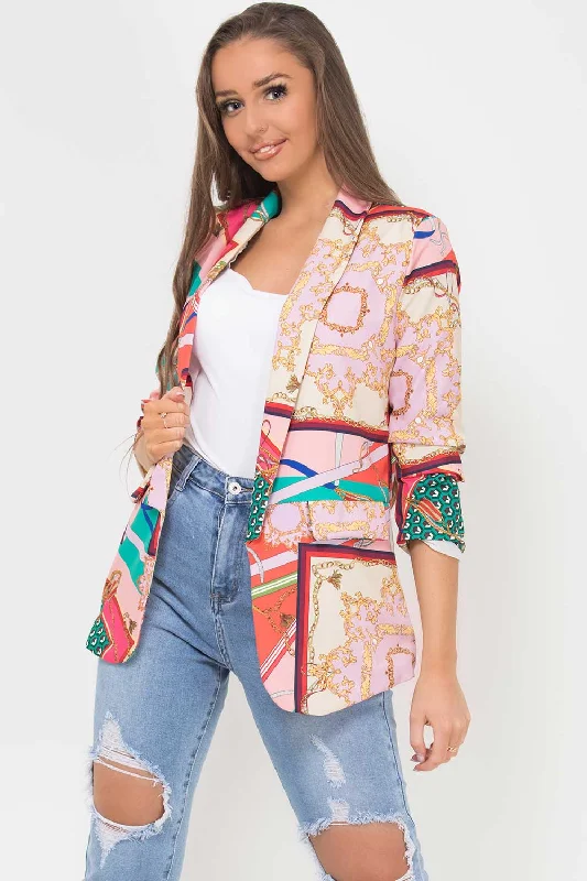 Exclusive Online Offer fashion coat with hoodScarf Print Ruched Sleeve Blazer Pink