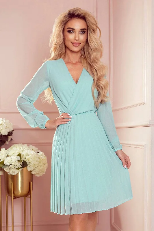 Mega Sale fitted cocktail dressNumoco 313-12 ISABELLE Pleated dress with neckline and long sleeve - mint Mega Sale fitted cocktail dressNumoco 313-12 ISABELLE Pleated dress with neckline and long sleeve - mint