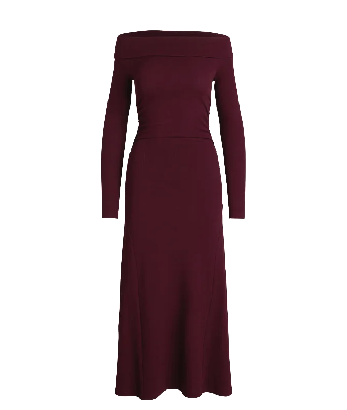 New Arrival long-sleeve coatRib-knit Off-the-shoulder Midi Dress - Red