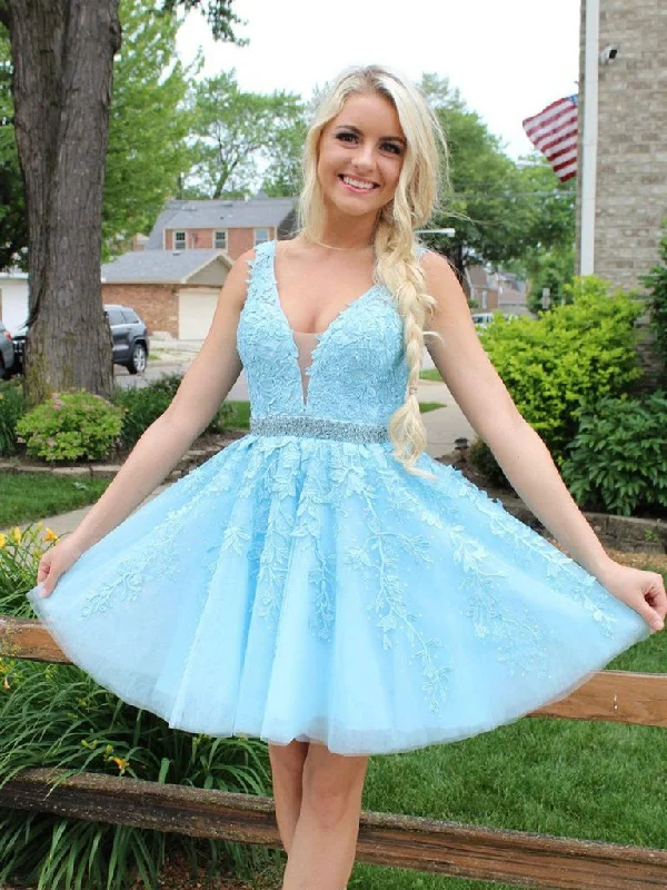 printed dressA-line V Neck Lace Appliques Short Prom Dresses Ice Blue Homecoming Dress OM223