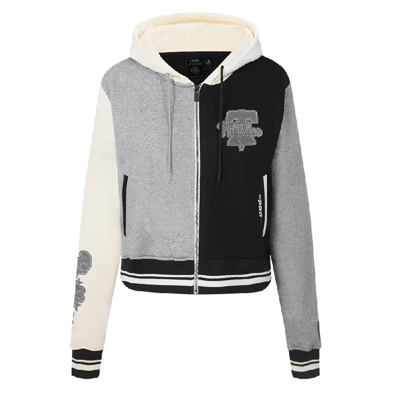 New Markdowns MLB PHILADELPHIA PHILLIES REVERSE FRENCH TERRY WOMEN'S COLORBLOCK FLC (BLACK/GRAY/EGGSHELL)