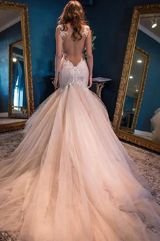 formal dressGorgeous Mermaid Sweetheart Sleeveless Watteau Train Tulle Wedding Dresses